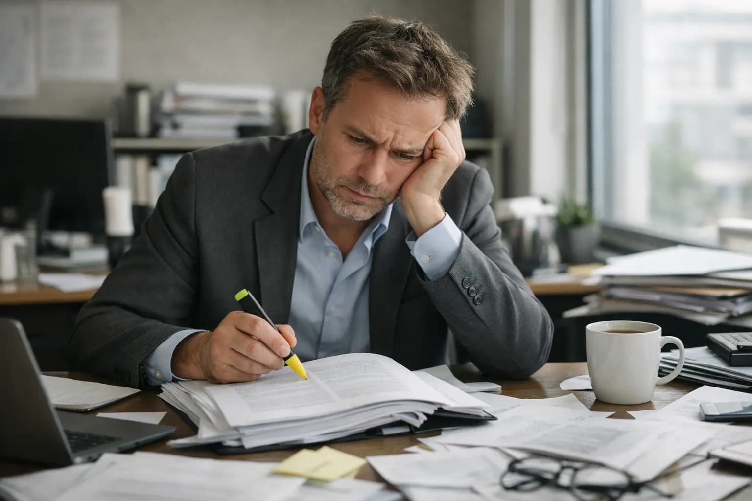 A frustrated business leader sitting at a desk